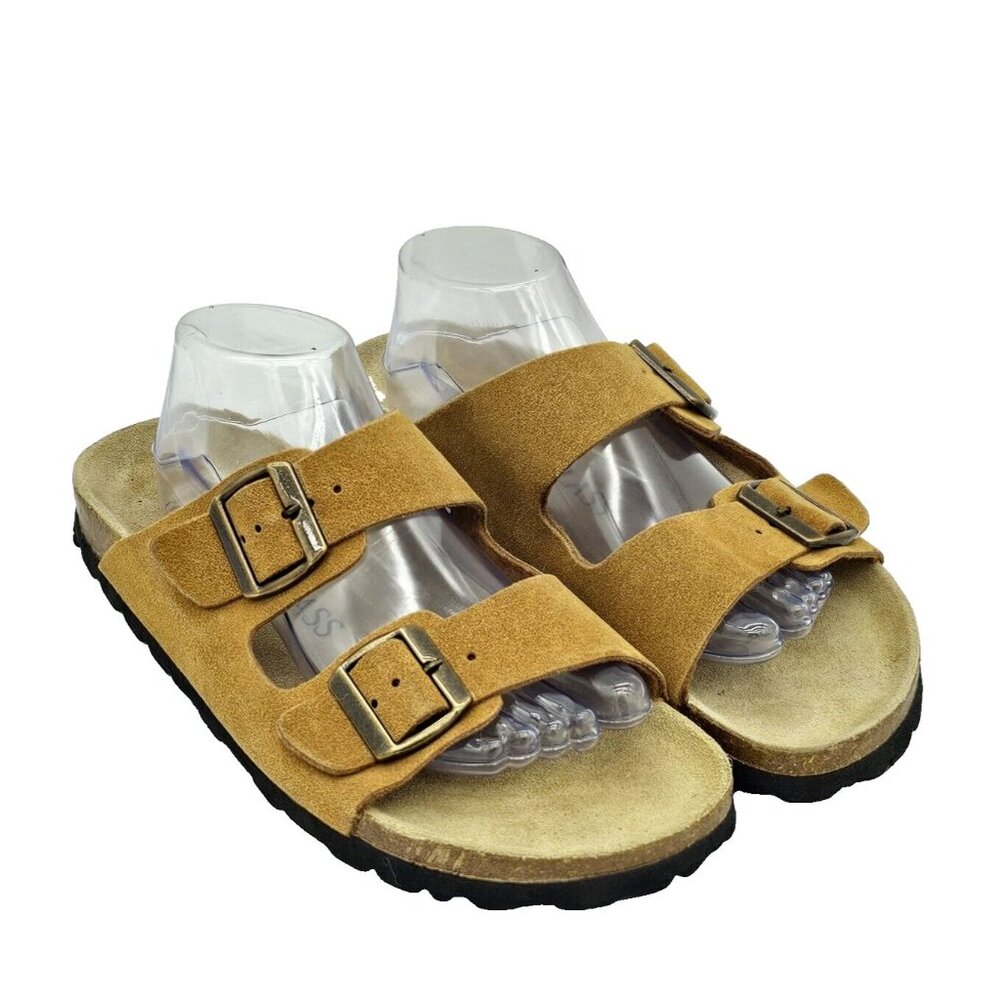 Royal Class Mens Footbed Buckle Slides Size 10 Tan Suede Comfort Boho Hippie